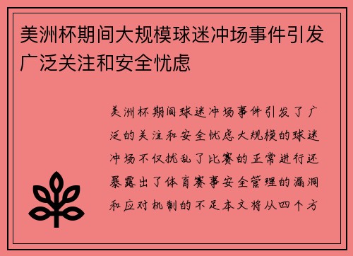 美洲杯期间大规模球迷冲场事件引发广泛关注和安全忧虑 美洲杯期间大规模球迷冲场事件引发广泛关注和安全忧虑